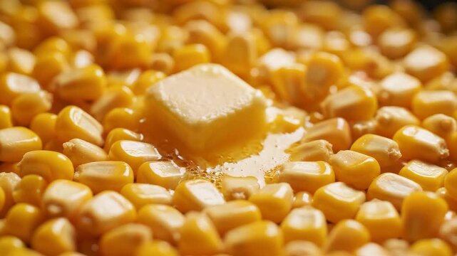 Butter slowly melts across hot golden corn kernels in an appetizing extreme macro comfort food scene.