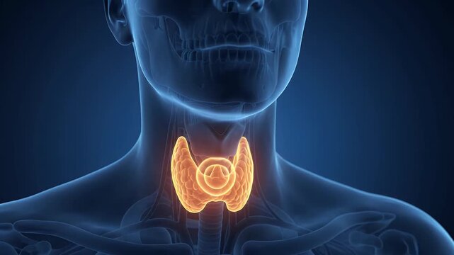 Human neck anatomy, glowing thyroid gland highlighted in orange against a dark blue translucent x-ray view, medical visualization, healthcare concepts