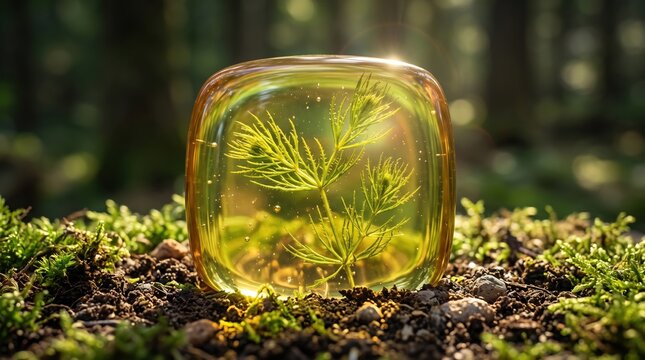 A small green plant preserved inside a glowing amber cube resting on mossy forest soil