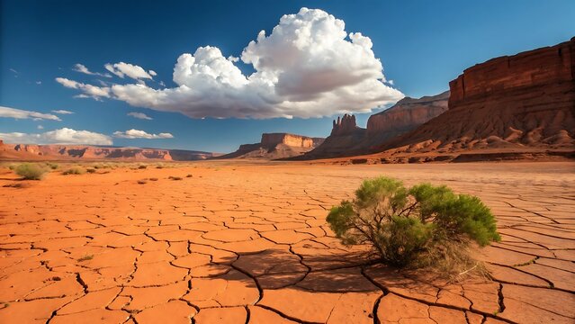 Dramatic desert landscape with buttes cracked earth and a vibrant blue sky
