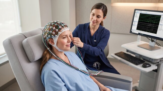 female neurologist attaching eeg headset sensors on smiling patient before brain wave scanning in medical clinic