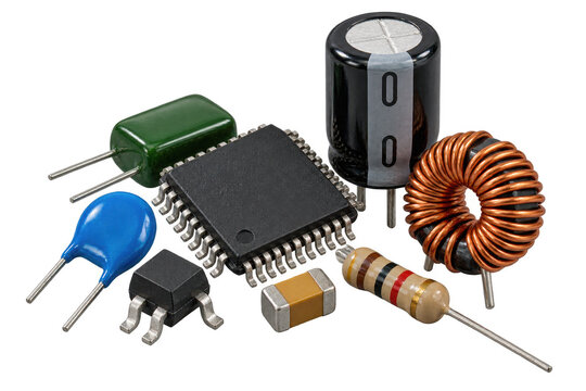 A collection of electronic components including a microprocessor, capacitors, resistors, and inductor, arranged on a white background , transparant backround, AI generative