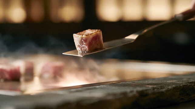 Close-up of seared meat cube on a metallic spatula