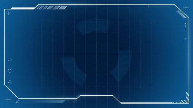 White vector HUD frame outlines a blue gradient screen with a faint shield emblem. Grid lines and scan markers add a security tech feel, 4K seamless loop.