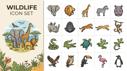 Obraz premium Wildlife icon set featuring diverse African and global animals like lions, elephants, giraffes, and birds in a modern vector illustration style for educational and design projects.
