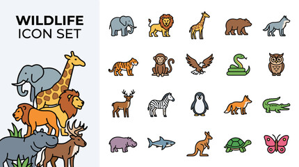 Obraz premium Comprehensive collection of flat line wildlife animal icons including elephant, lion, giraffe, bear, wolf, tiger, monkey, eagle, snake, owl, deer, zebra, penguin, fox and shark.