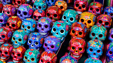 Fototapeta premium Colorful Mexican ceramic skulls decorated with vibrant floral patterns, representing traditional Día de los Muertos folk art, pottery and festive Day of the Dead celebration.