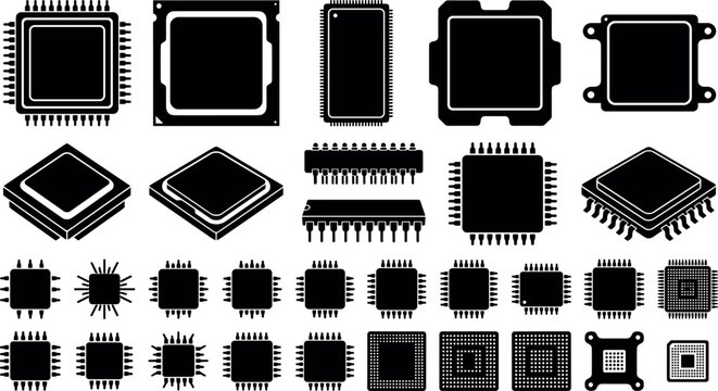Computer Microchip and Processor Silhouette Icon Set with Electronic Component Symbols for Technology Hardware Engineering Digital Network and Circuit Board Designs