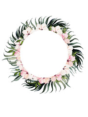 Round hibiscus wreath with lush tropical leaves and open space © BASILACA