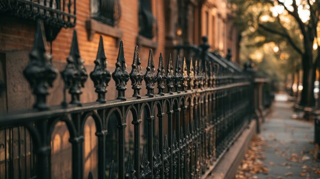 A black cast iron ornamental fence with spear finials stands by a brick wall in a heritage area in the afternoon light among fallen leaves.
