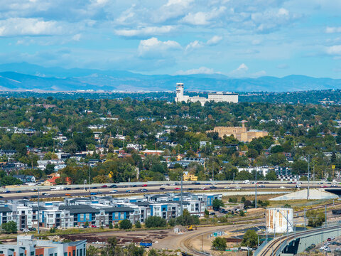 Aerial shot of apartments and office buildings in the skyline in Denver Colorado USA