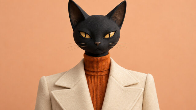 Surreal fashion portrait of a black cat-headed figure in a beige suit and brown turtleneck on a warm peach background, ideal for editorials, posters, banners and seasonal advertising.