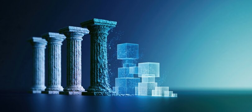Banking columns transforming into digital data cubes with elegant blue lighting