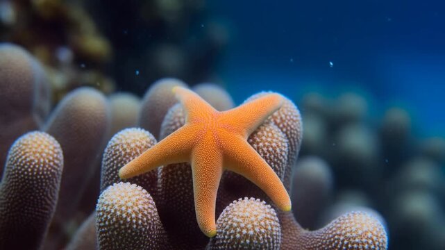 Tracking slow motion macro shot of starfish crawling over coral reef in shallow tropical ocean underwater closeup