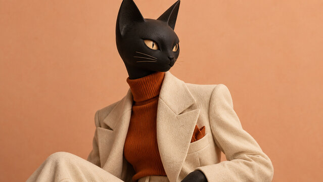 Surreal fashion portrait of a black cat-headed figure in a beige suit and brown turtleneck on a warm peach background, ideal for editorials, posters, banners and seasonal advertising.