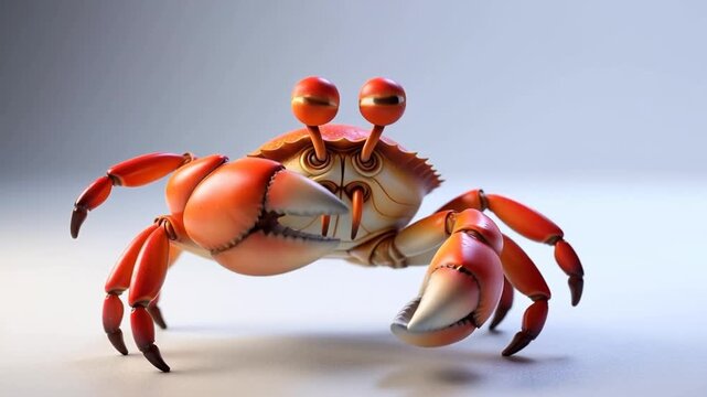 Slow motion tracking dolly shot of animated crab walking and waving claws toward camera on studio tabletop white background