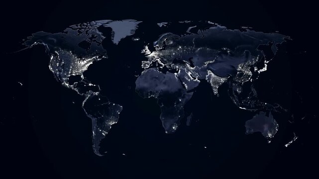 Time lapse pan of global night lights illuminating world map with shifting city lights across globe