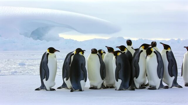 Static slow pan tracking dolly shot of emperor penguins huddling and standing on icy antarctic shoreline by sea