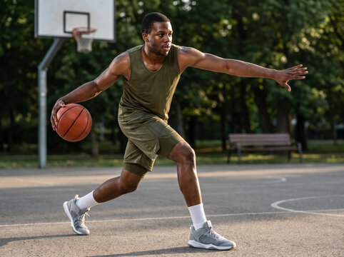 Basketball player driving across outdoor park court