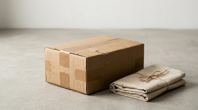Brown cardboard shipping box and folded linen fabric on concrete floor