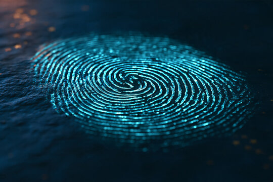 Macro fingerprint ridges rendered as luminous cyan lines swept by a scan bar on dark navy, biometric authentication, digital identity verification and passwordless access concept