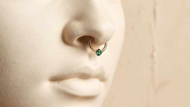 Gold Nose Ring with Green Zircon Stone displayed on a matte face mannequin with soft beige background