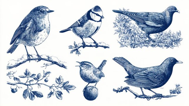 Collection of hand drawn sketches featuring winter birds such as robin, blue tit, wren, blackbird, and wood pigeon in a garden during winter.