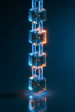 Vertical stack of glowing glass link blocks each holding a material glyph, product traceability and digital product passport supply chain record concept on deep navy background