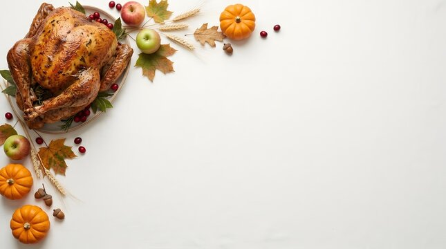 Roasted turkey with autumnal garnishes on a white background for thanksgiving dinner