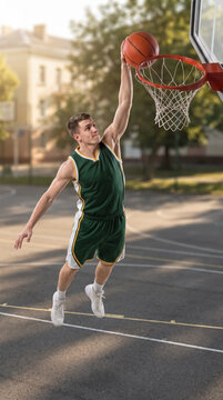 Basketball player dunking on outdoor court