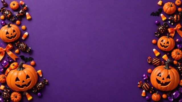 Festive halloween border with pumpkins candies and decorations on a purple background