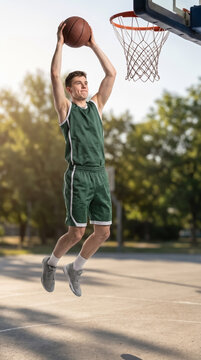 Basketball player dunking on outdoor court