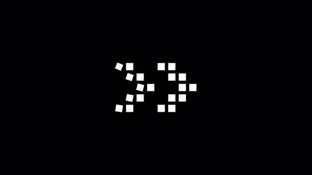 Pixelated arrow built from white squares pointing right over black. Suitable for retro games, 8bit graphics, and digital art projects.