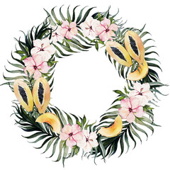 Obraz premium Tropical papaya and hibiscus wreath with an open center