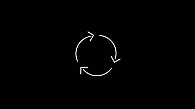 Three curved arrows rotating in a refresh cycle on black background. Ideal for reload buttons, sync indicators, and update spinners.