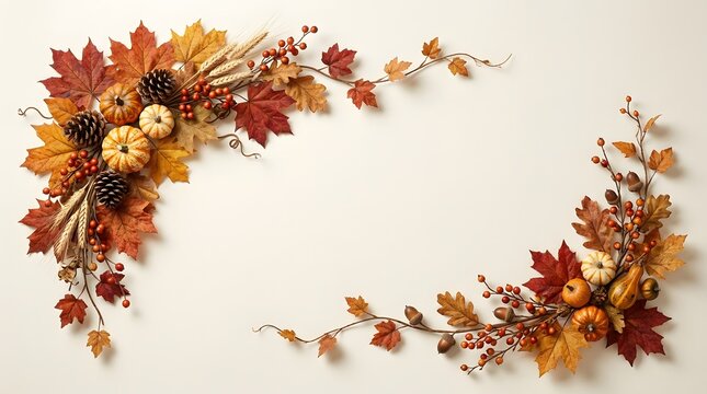 Elegant floral garland made of preserved autumn flowers and grasses on a white background