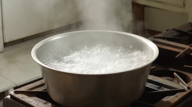 Closeup static shot of metal pot vigorously boiling with rising steam on gas burner over stove in home kitchen interior countertop