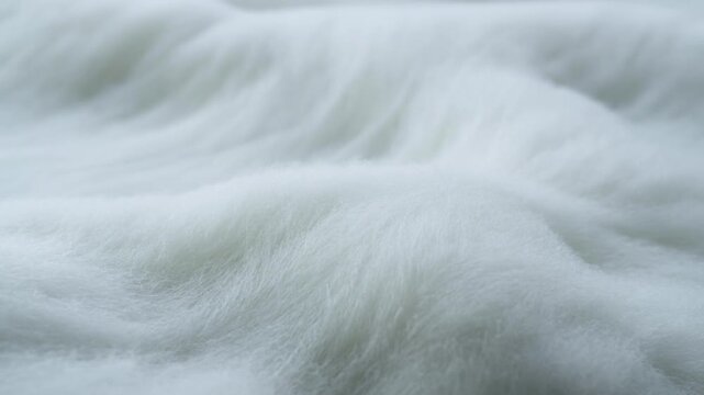 Slow pan close up of white fur fabric rippling gently across soft surface in studio setting