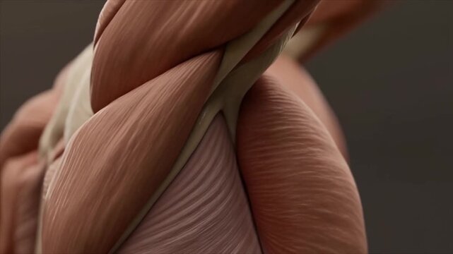 Slow motion tracking close up of human shoulder muscles contracting and sliding over bone in studio lab medical setting