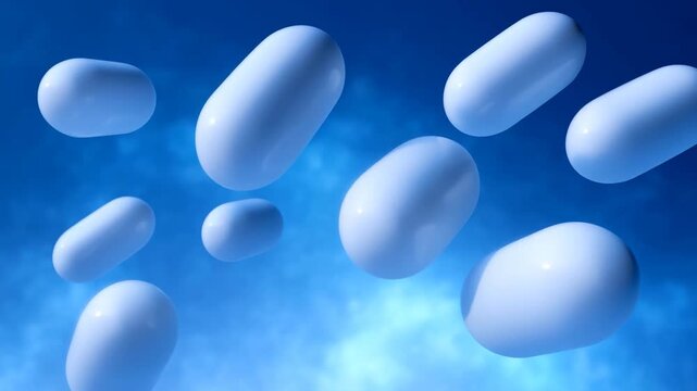 Slow motion tracking shot of floating blue capsules drifting upward against cloudy sky background
