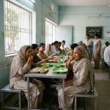 Women Eating Together in a Communal Dining Hall Sharing a Meal and Conversation