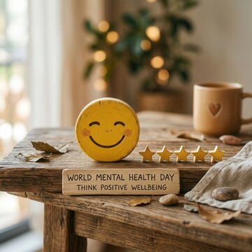 World Mental Health Day concept Positive wellbeing happy smiley face five stars rating cozy atmosphere autumn leaves coffee mug