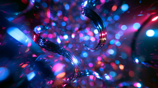 Abstract Festive Neon Bokeh Background with Glittering Ribbons