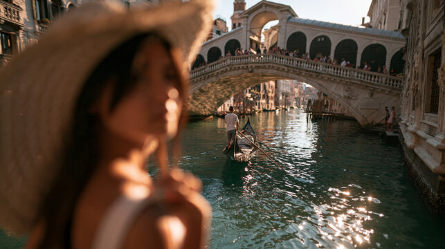 Woman Traveling in Venice with Rialto Bridge Background