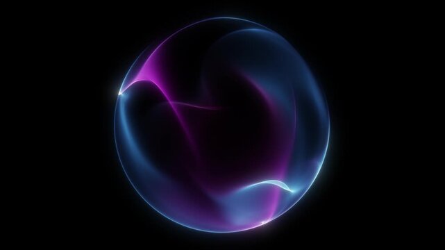 Blue and pink glowing energy sphere with fluid luminous waves on black, perfect for futuristic technology, AI and digital motion visuals. 4K seamless loop sphere.