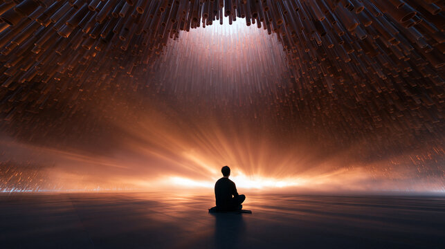Man Meditating in Vast Futuristic Cavern with Glowing Light