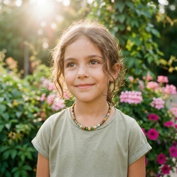 Young girl with curly hair smiling in a garden with flowers and sunlight