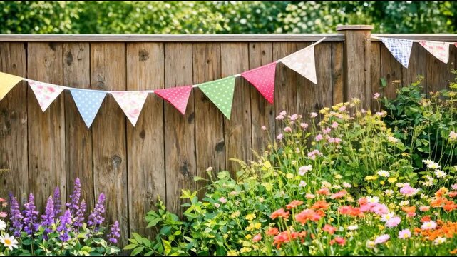 Vibrant bunting flags adorn a rustic wooden fence, perfect for outdoor celebrations or events