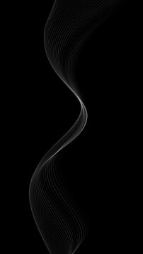 White wave black vertical video. Looped vector wave mobile format. Linear wave graphic flow shape. Digital monochrome black white. Smoke illustration. Smooth white line wave fluid background 4K 60fps.