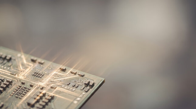 Glowing golden traces on advanced electronic circuit board macro